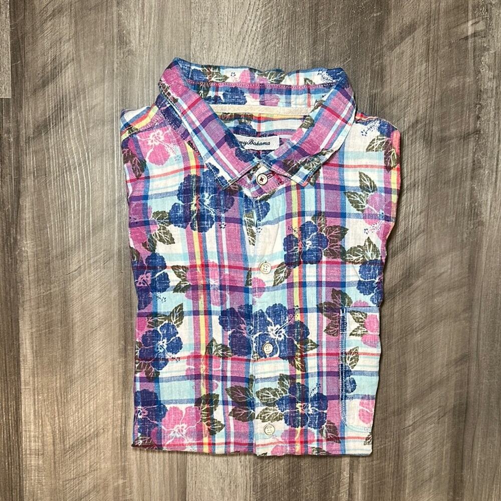 Tommy Bahama Floral Plaid Linen Blend Short Sleeve Button Down - XL